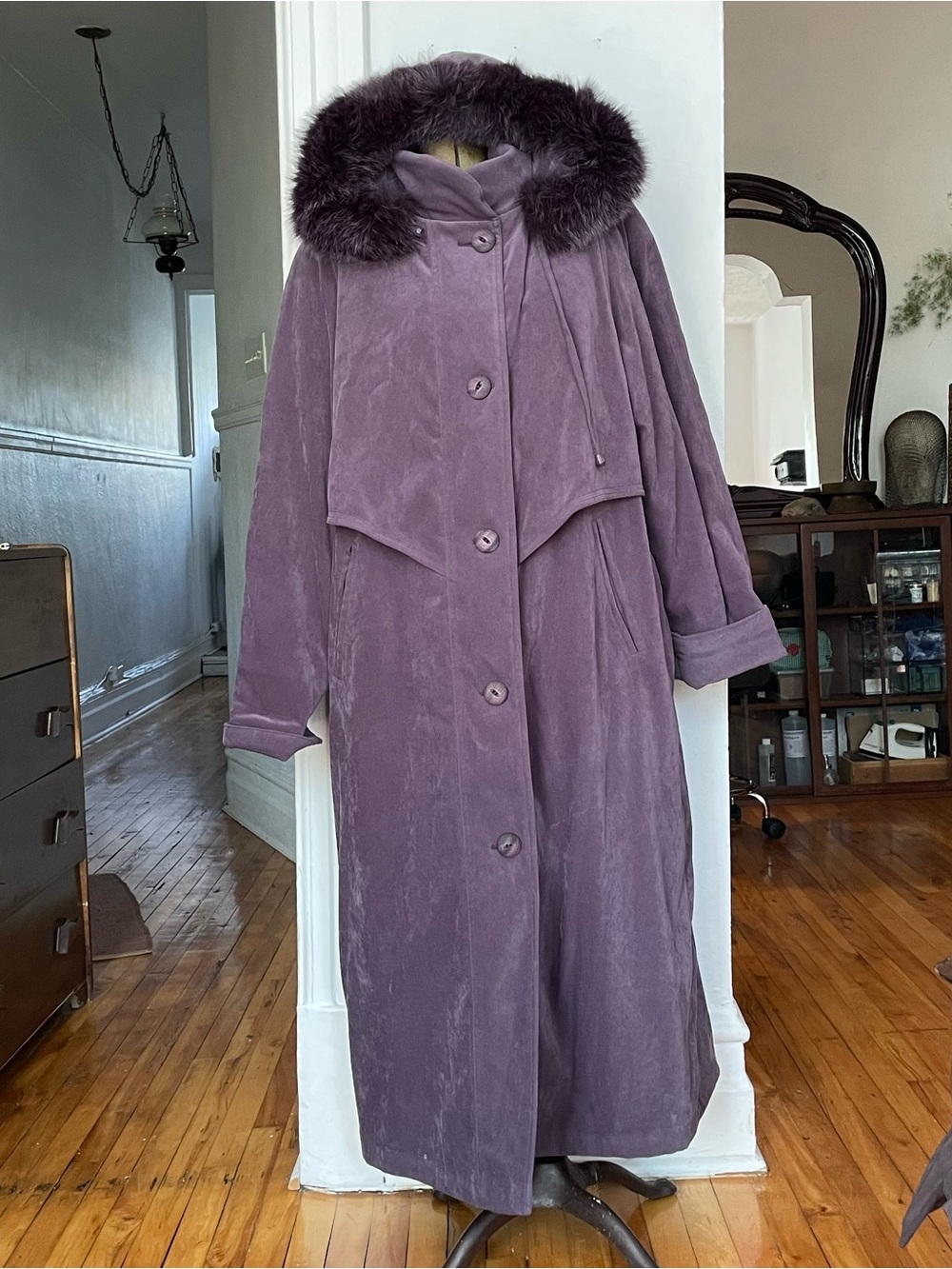 Vintage hooded Purple Trench Coat with fox fur